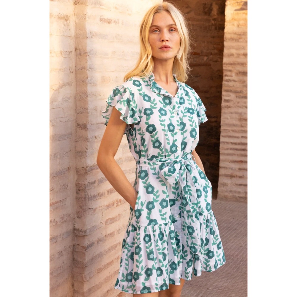 Oliphant Ruffle Collar Button Mini Dress Size M Toscana Green Floral Cotton